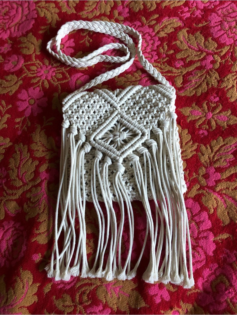 Handcrafted White Macramé Fringe Crossbody Bag